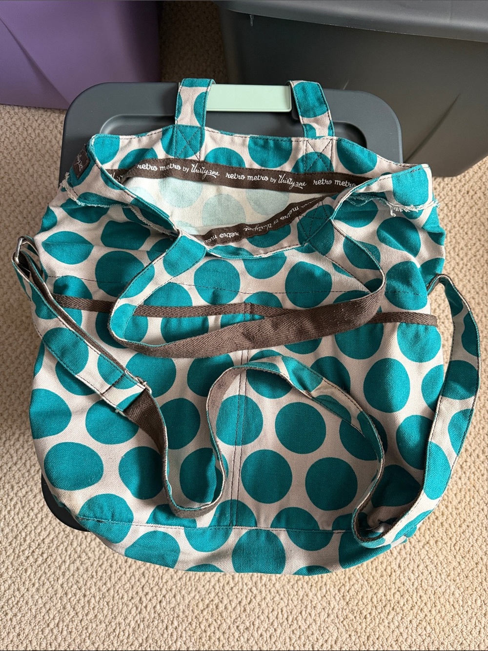 EUC Thirty-One Retro Metro Teal Polka Dot Tote Bag